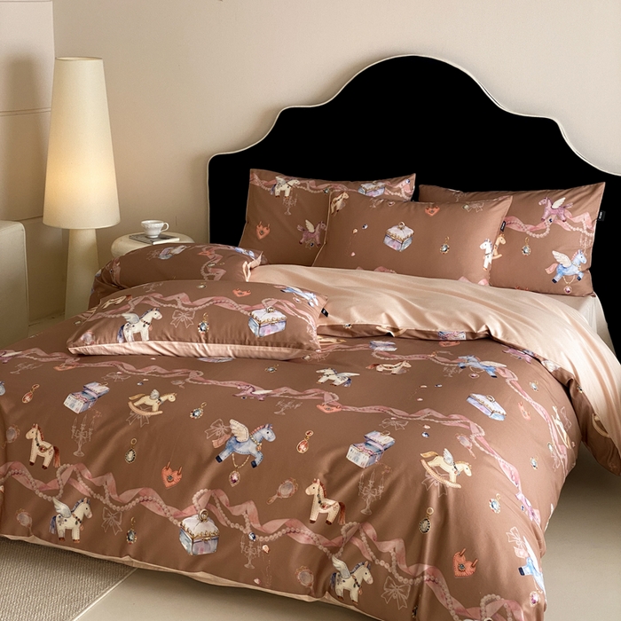 91家纺网 家纺一手货源 找家纺 卡姿家纺 2026春夏全棉60支长绒棉数码印花四件套—有钱花 有钱花-棕