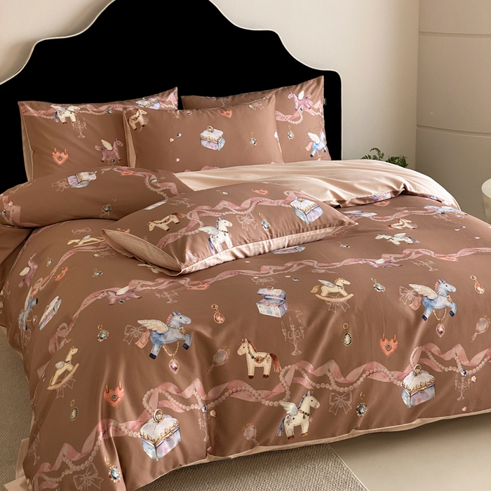 91家纺网 家纺一手货源 找家纺 卡姿家纺 2026春夏全棉60支长绒棉数码印花四件套—有钱花 有钱花-棕