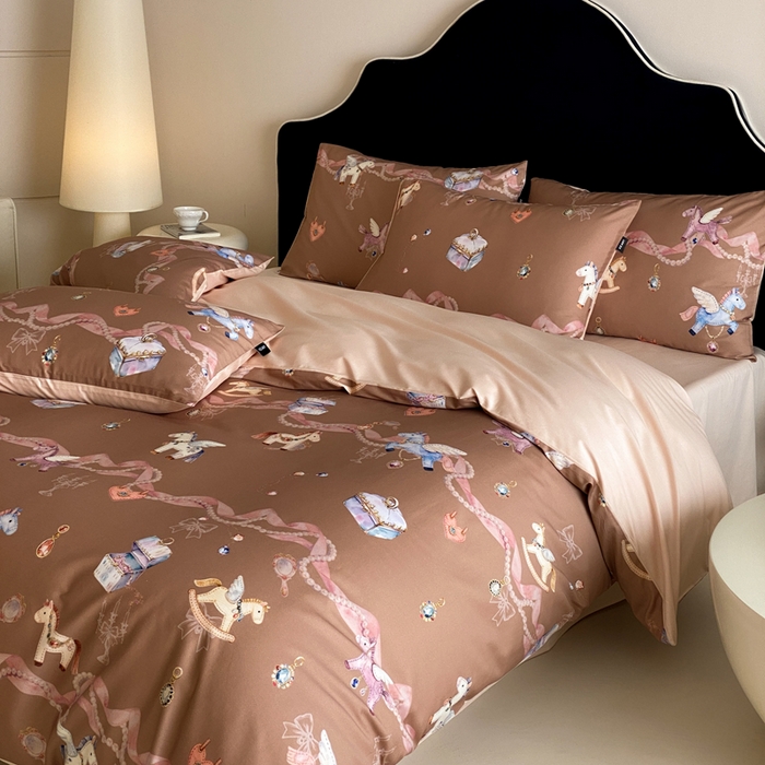 91家纺网 家纺一手货源 找家纺 卡姿家纺 2026春夏全棉60支长绒棉数码印花四件套—有钱花 有钱花-棕