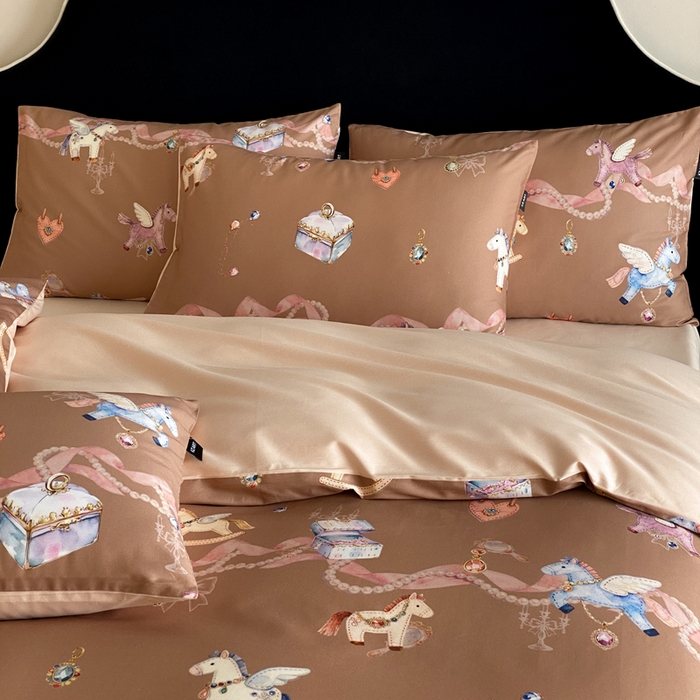 91家纺网 家纺一手货源 找家纺 卡姿家纺 2026春夏全棉60支长绒棉数码印花四件套—有钱花 有钱花-棕