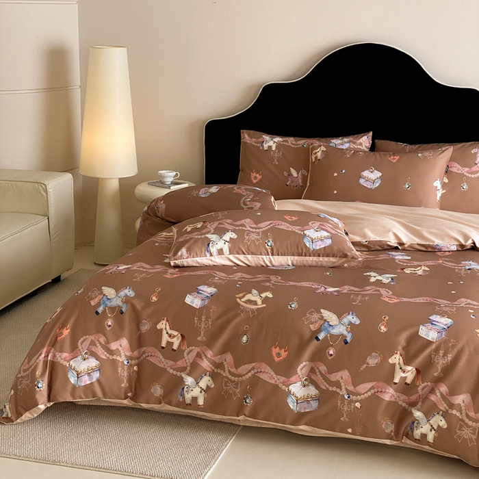 91家纺网 家纺一手货源 找家纺 卡姿家纺 2026春夏全棉60支长绒棉数码印花四件套—有钱花 有钱花-棕