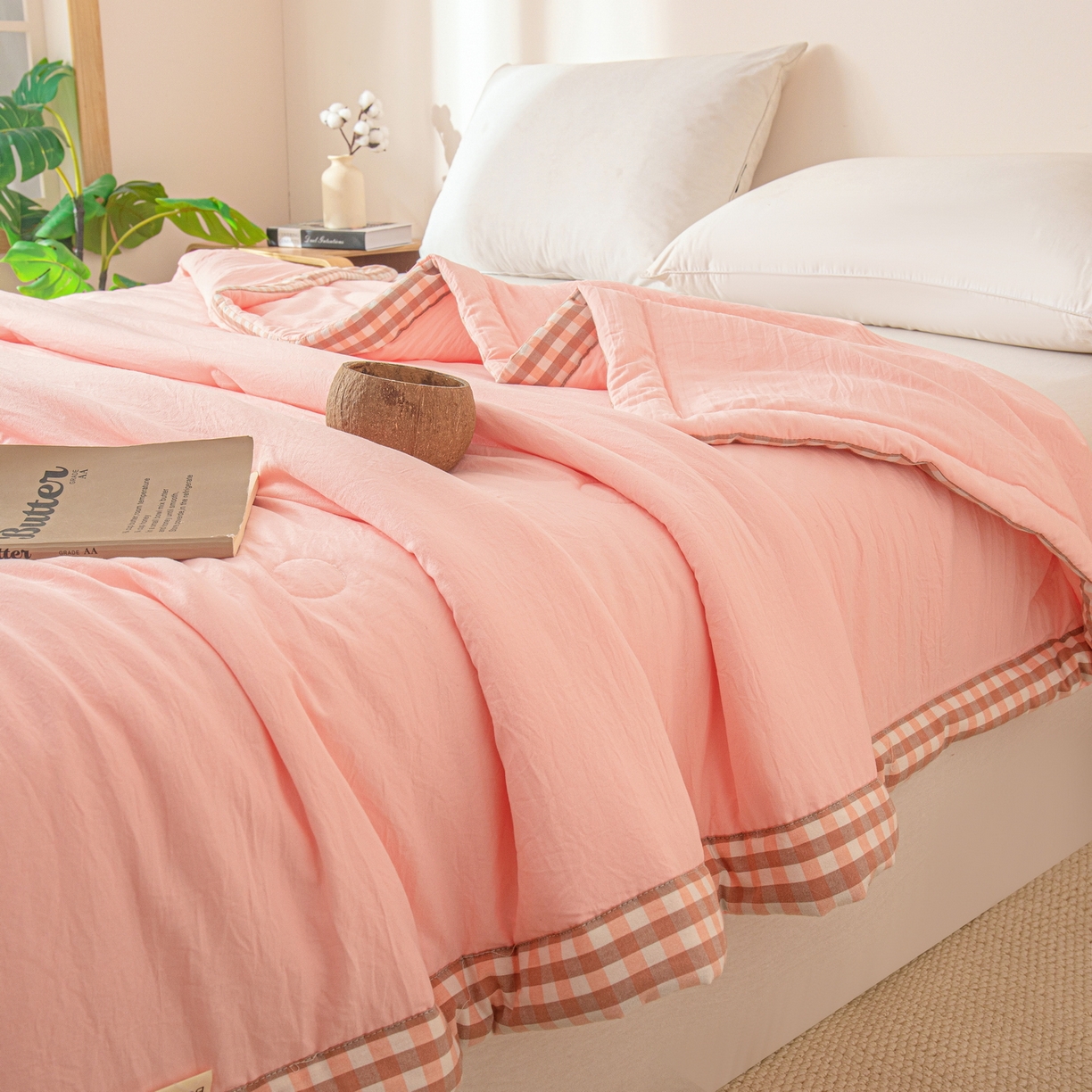 91家纺网 家纺一手货源 找家纺 金灵居 2026春夏新款水洗棉棉花印花新疆棉夏被夏凉被空调被 新疆棉-粉色