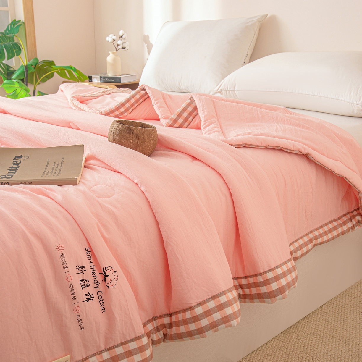 91家纺网 家纺一手货源 找家纺 金灵居 2026春夏新款水洗棉棉花印花新疆棉夏被夏凉被空调被 新疆棉-粉色