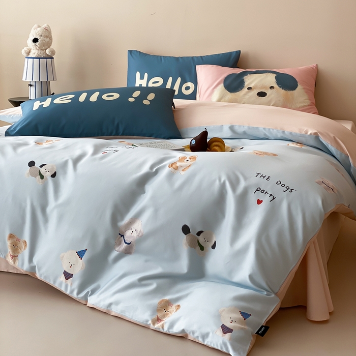 卡姿家纺 2026春夏全棉60支长绒棉卡通大版印花四件套 萌宠乐园