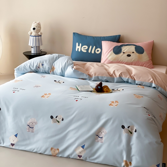 91家纺网 家纺一手货源 找家纺 卡姿家纺 2026春夏全棉60支长绒棉卡通大版印花四件套 萌宠乐园