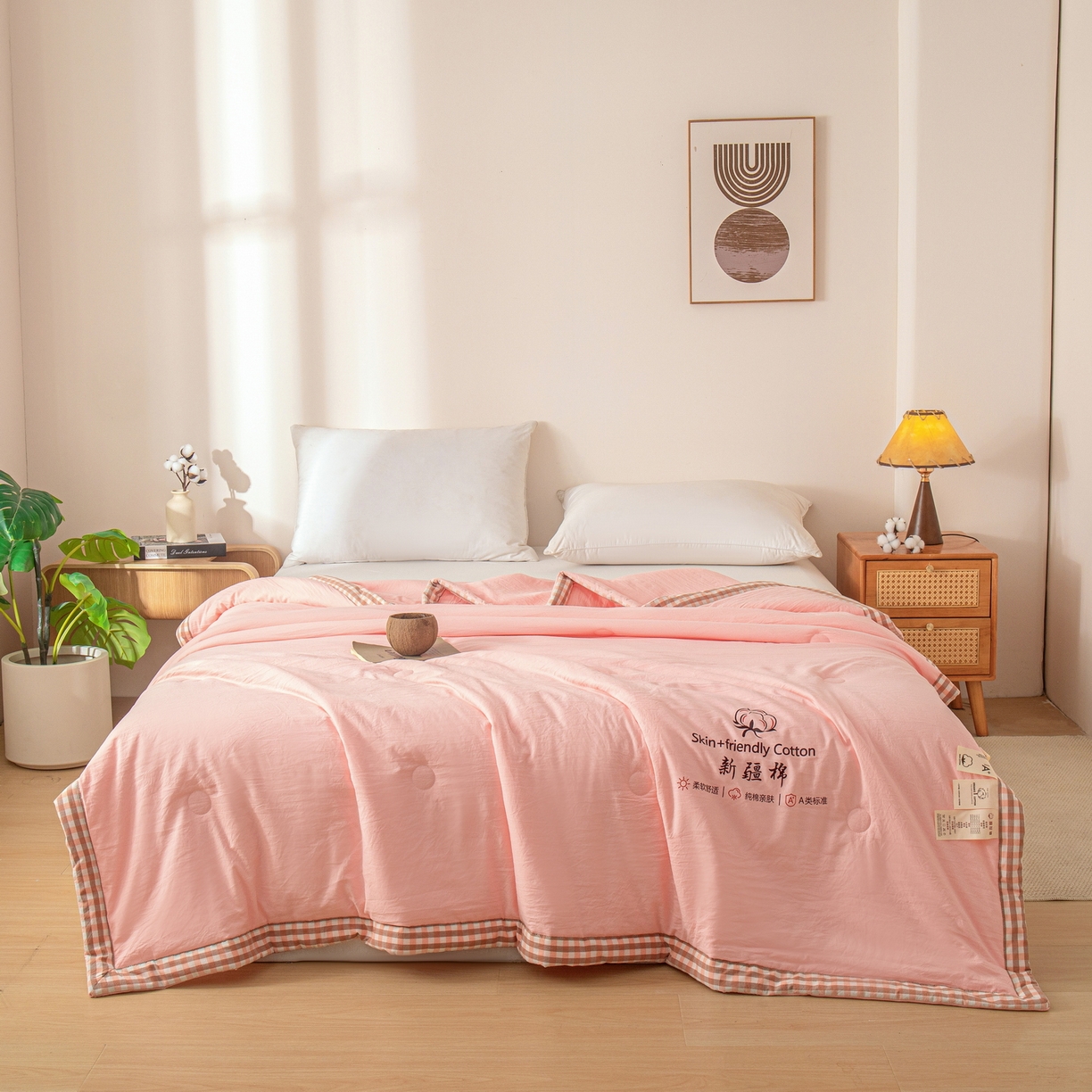 91家纺网 家纺一手货源 找家纺 金灵居 2026春夏新款水洗棉棉花印花新疆棉夏被夏凉被空调被 新疆棉-粉色