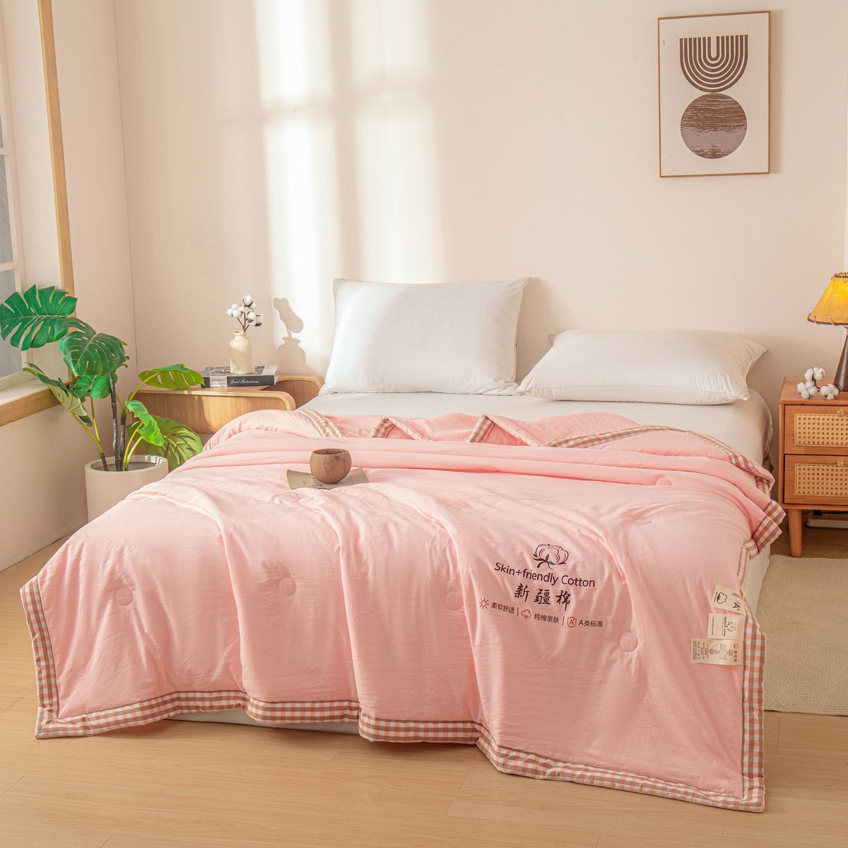 91家纺网 家纺一手货源 找家纺 金灵居 2026春夏新款水洗棉棉花印花新疆棉夏被夏凉被空调被 新疆棉-粉色