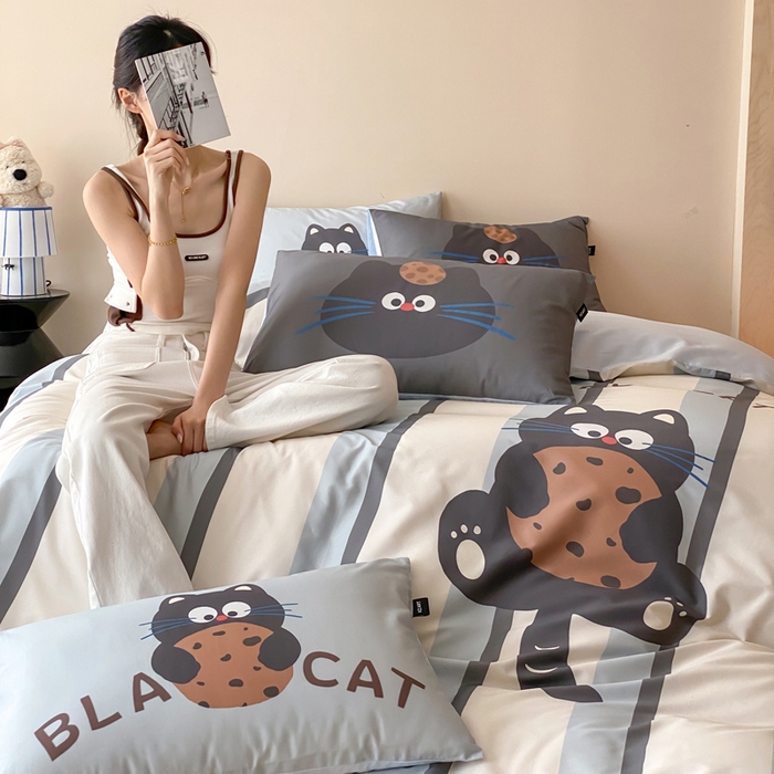 卡姿家纺 2026春夏全棉60支长绒棉卡通大版印花四件套 曲奇猫咪