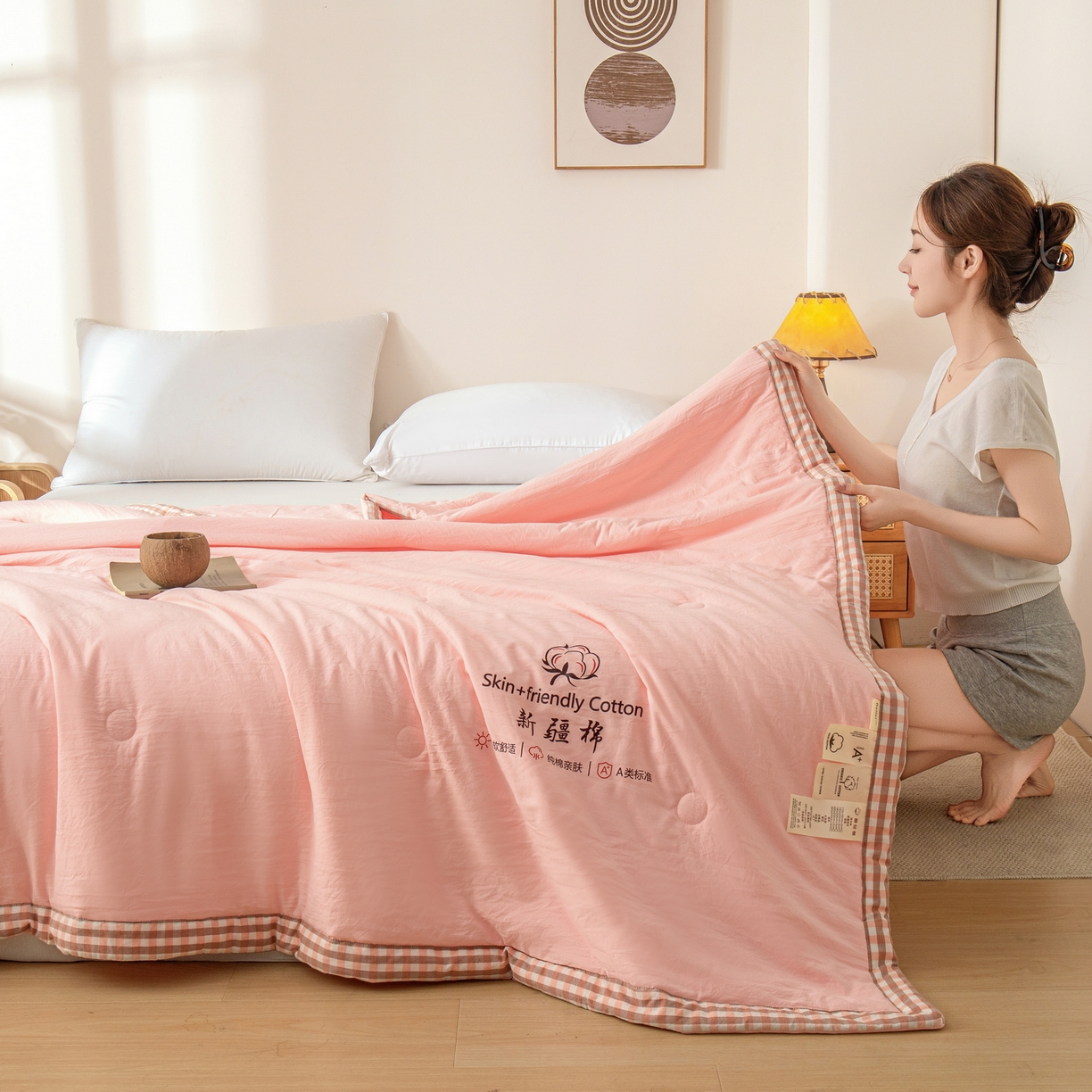 91家纺网 家纺一手货源 找家纺 金灵居 2026春夏新款水洗棉棉花印花新疆棉夏被夏凉被空调被 新疆棉-粉色