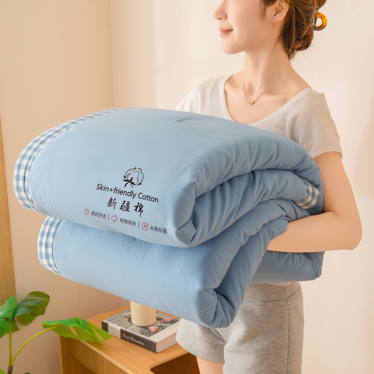 91家纺网 家纺一手货源 找家纺 金灵居 2026春夏新款水洗棉棉花印花新疆棉夏被夏凉被空调被 新疆棉-蓝色