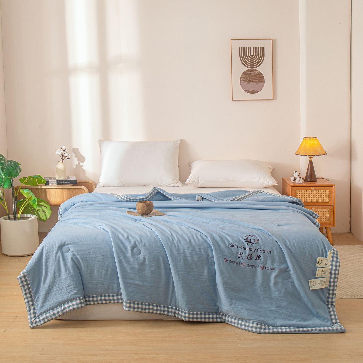91家纺网 家纺一手货源 找家纺 金灵居 2026春夏新款水洗棉棉花印花新疆棉夏被夏凉被空调被 新疆棉-蓝色