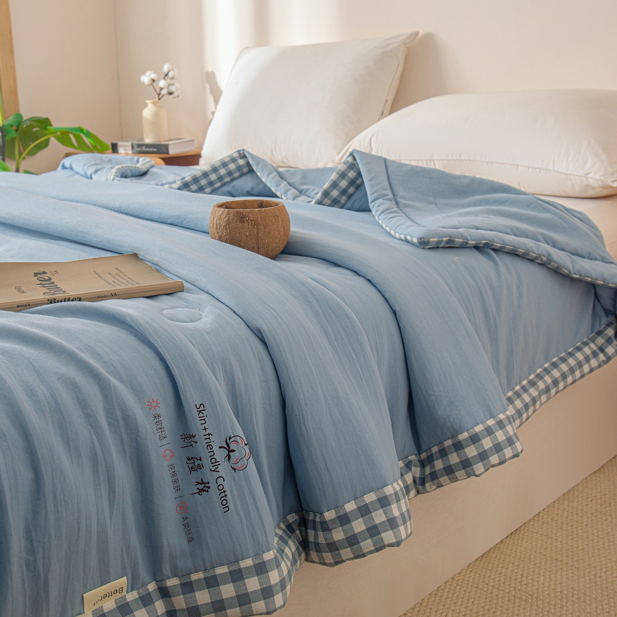 91家纺网 家纺一手货源 找家纺 金灵居 2026春夏新款水洗棉棉花印花新疆棉夏被夏凉被空调被 新疆棉-蓝色