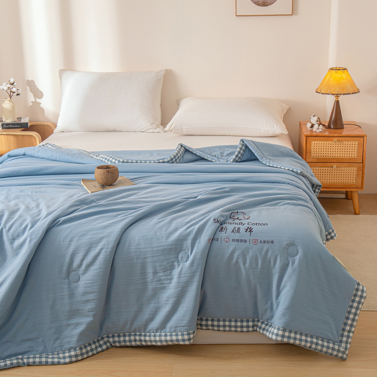 91家纺网 家纺一手货源 找家纺 金灵居 2026春夏新款水洗棉棉花印花新疆棉夏被夏凉被空调被 新疆棉-蓝色