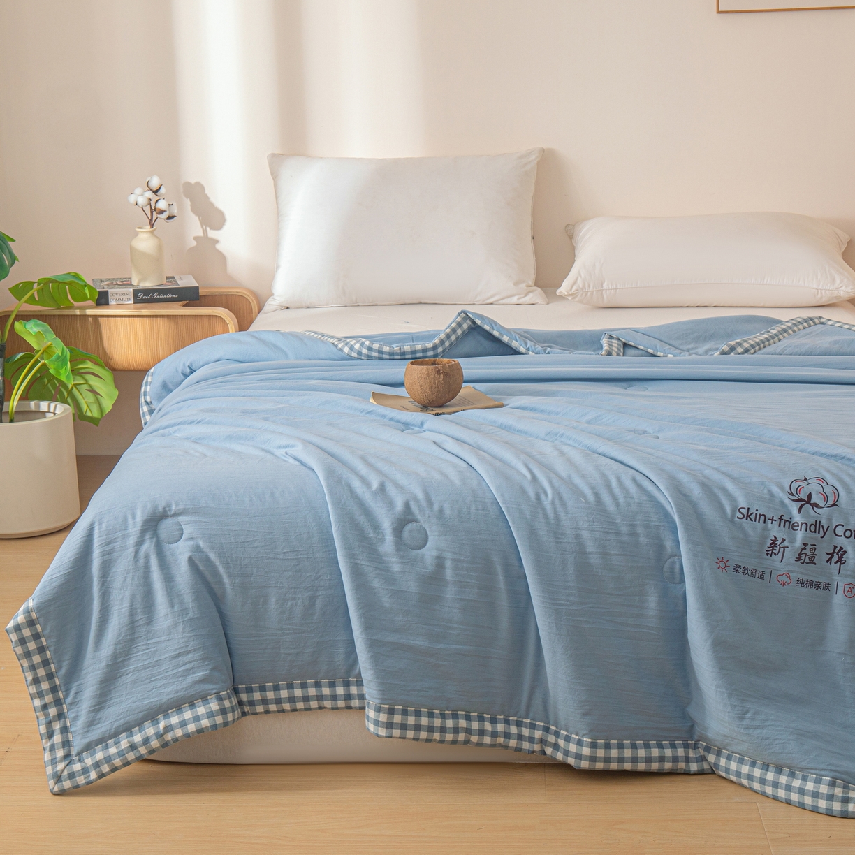 91家纺网 家纺一手货源 找家纺 金灵居 2026春夏新款水洗棉棉花印花新疆棉夏被夏凉被空调被 新疆棉-蓝色