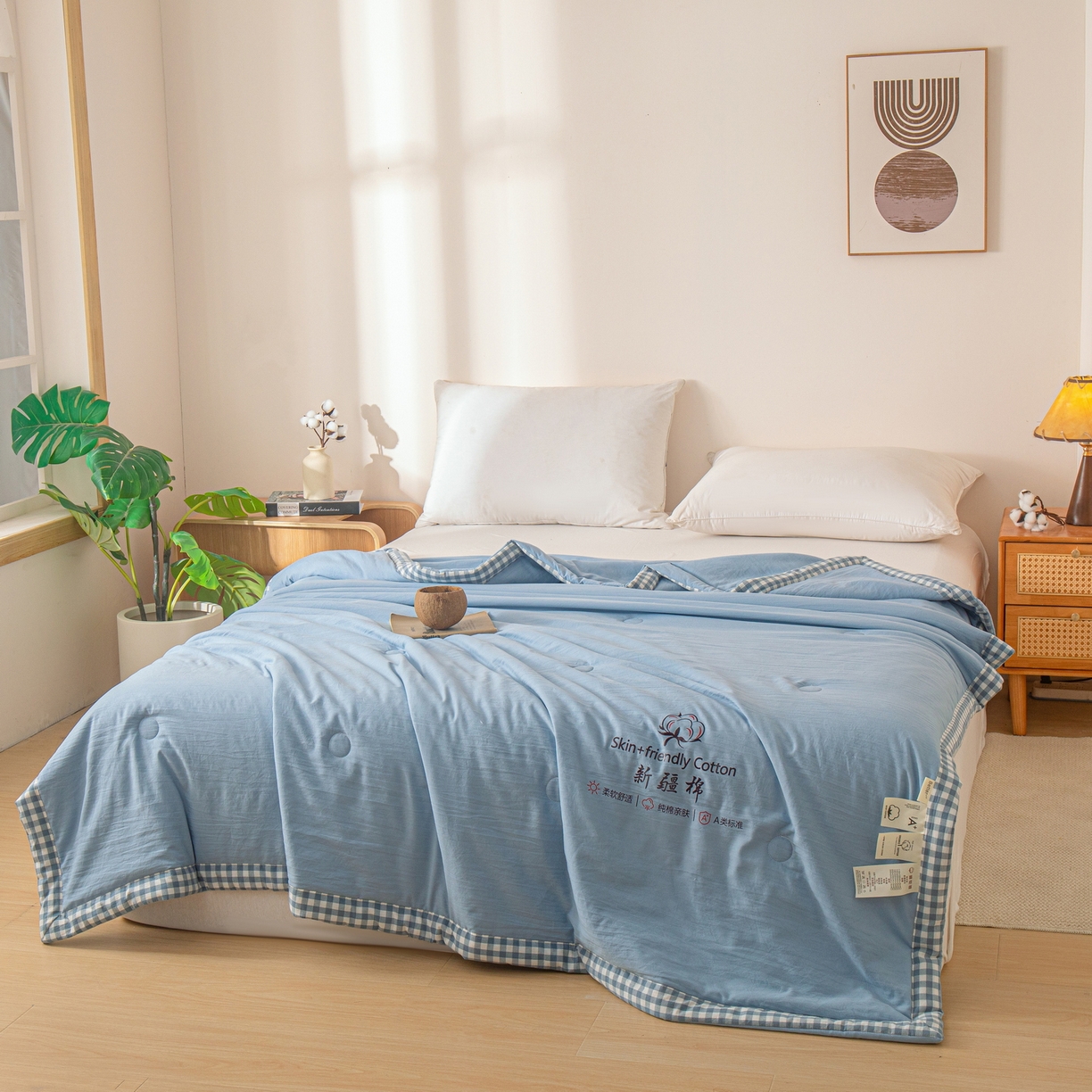 91家纺网 家纺一手货源 找家纺 金灵居 2026春夏新款水洗棉棉花印花新疆棉夏被夏凉被空调被 新疆棉-蓝色