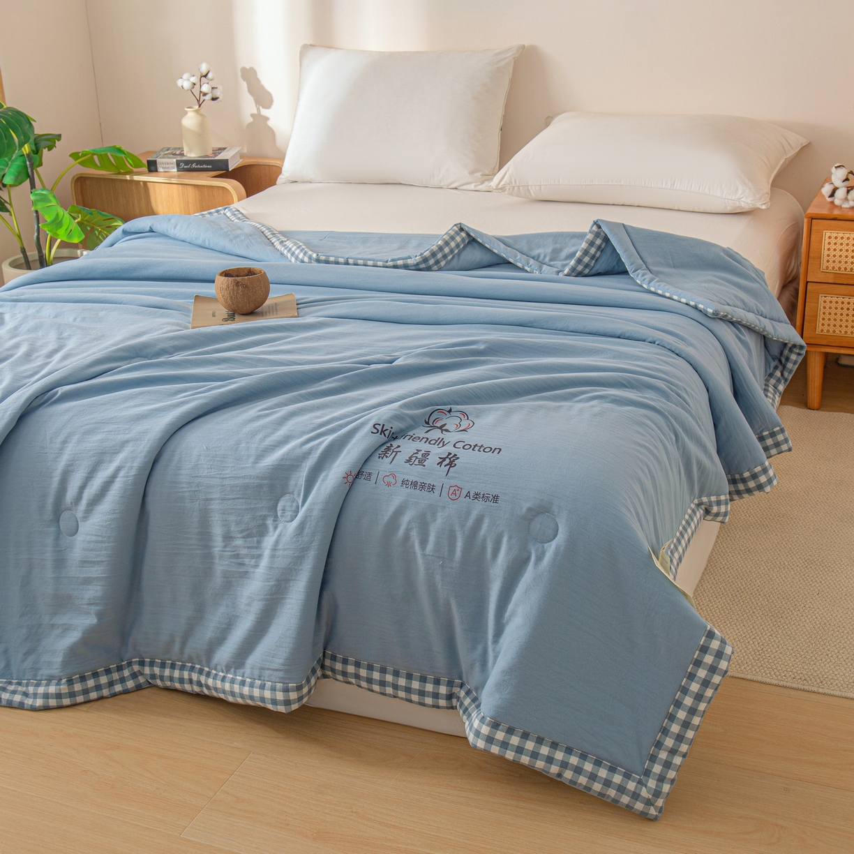 91家纺网 家纺一手货源 找家纺 金灵居 2026春夏新款水洗棉棉花印花新疆棉夏被夏凉被空调被 新疆棉-蓝色