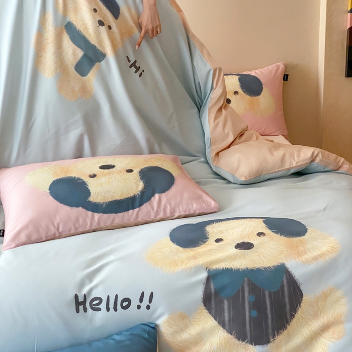 91家纺网 家纺一手货源 找家纺 卡姿家纺 2026春夏全棉60支长绒棉卡通大版印花四件套 音乐萌可