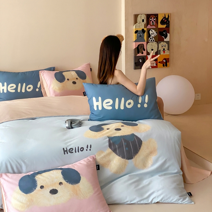 91家纺网 家纺一手货源 找家纺 卡姿家纺 2026春夏全棉60支长绒棉卡通大版印花四件套 音乐萌可