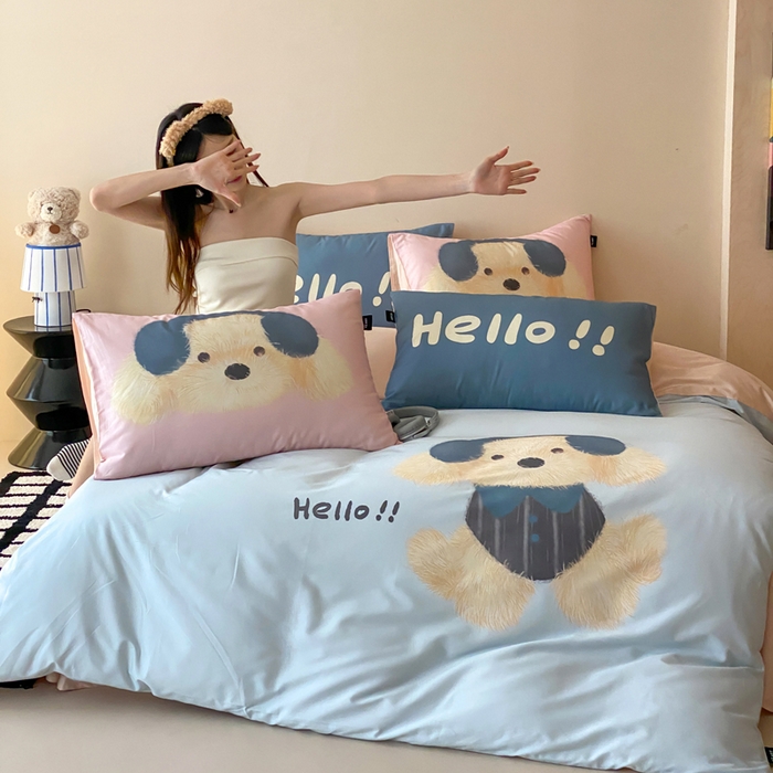 91家纺网 家纺一手货源 找家纺 卡姿家纺 2026春夏全棉60支长绒棉卡通大版印花四件套 音乐萌可