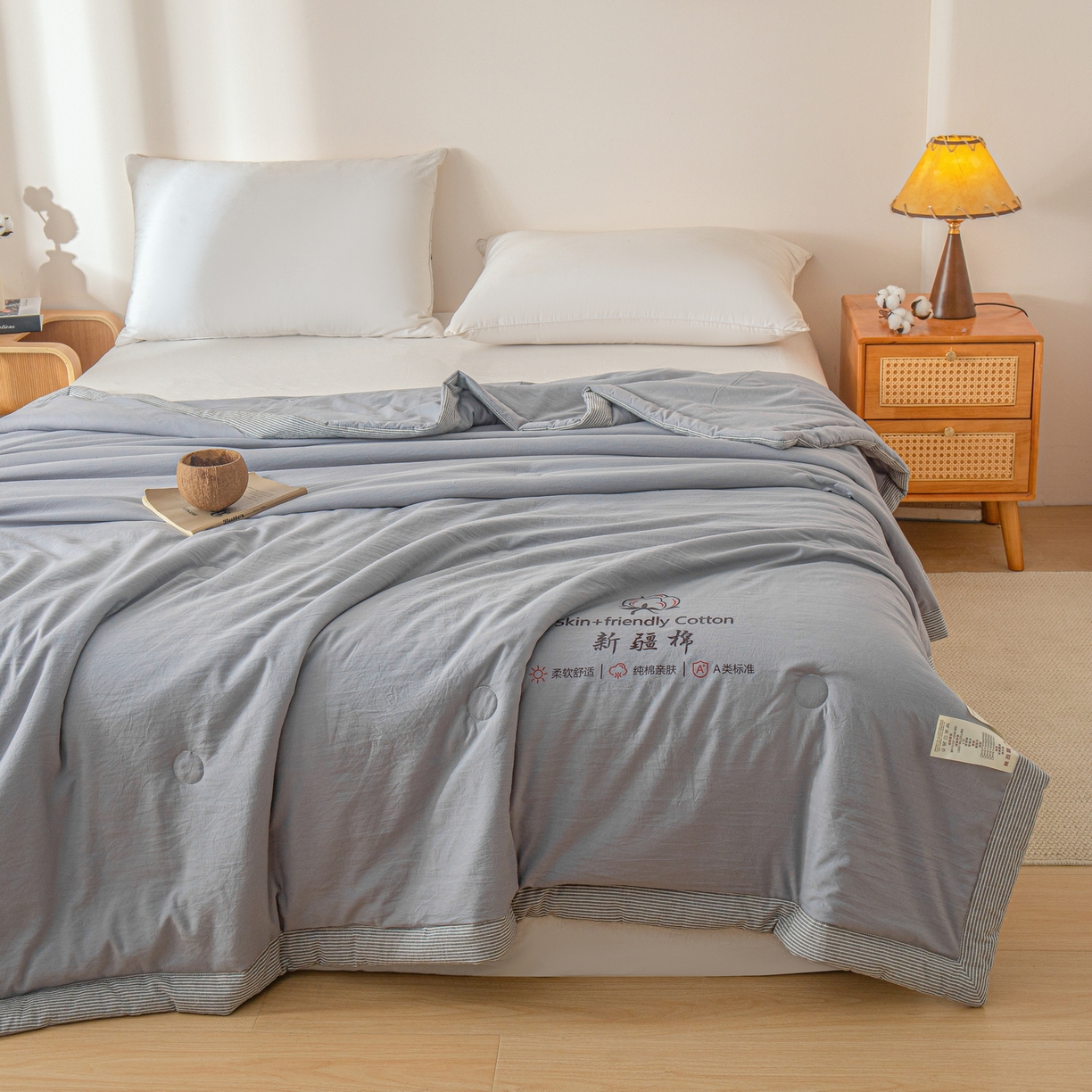 91家纺网 家纺一手货源 找家纺 金灵居 2026春夏新款水洗棉棉花印花新疆棉夏被夏凉被空调被 新疆棉-浅灰