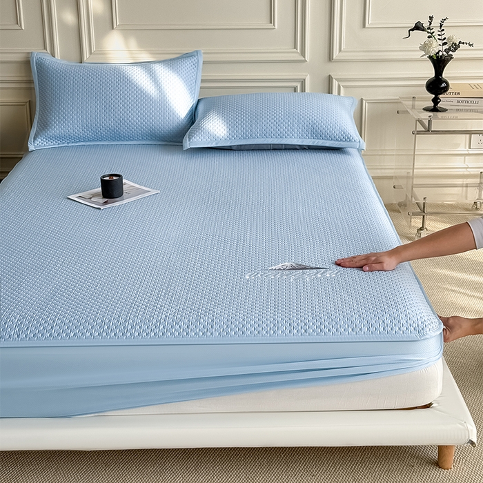 91家纺网 家纺一手货源 找家纺 人人爱家纺 2026新款冰豆豆刺绣软凉席床笠 富士山-天蓝