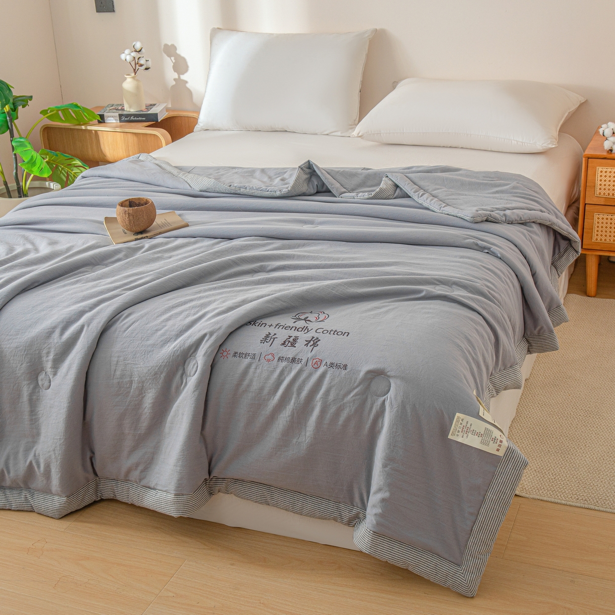91家纺网 家纺一手货源 找家纺 金灵居 2026春夏新款水洗棉棉花印花新疆棉夏被夏凉被空调被 新疆棉-浅灰