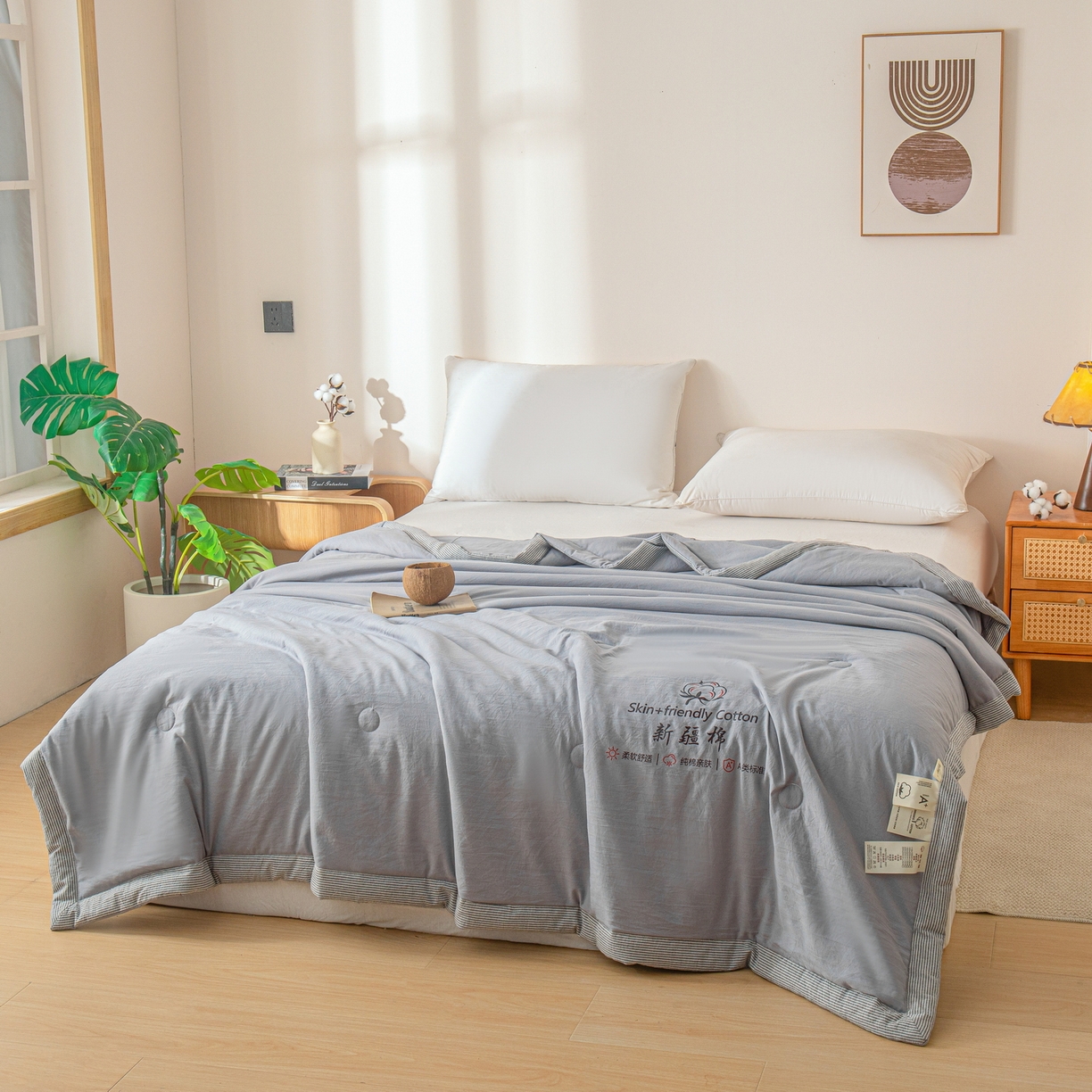91家纺网 家纺一手货源 找家纺 金灵居 2026春夏新款水洗棉棉花印花新疆棉夏被夏凉被空调被 新疆棉-浅灰