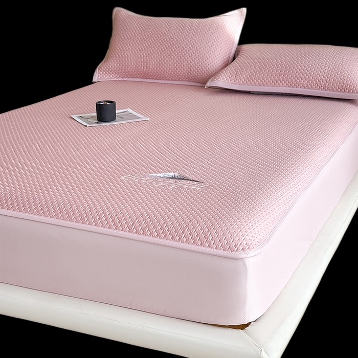 91家纺网 家纺一手货源 找家纺 人人爱家纺 2026新款冰豆豆刺绣软凉席床笠 富士山-粉