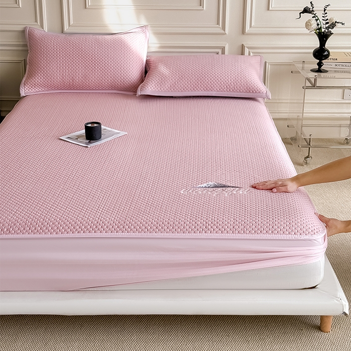 91家纺网 家纺一手货源 找家纺 人人爱家纺 2026新款冰豆豆刺绣软凉席床笠 富士山-粉