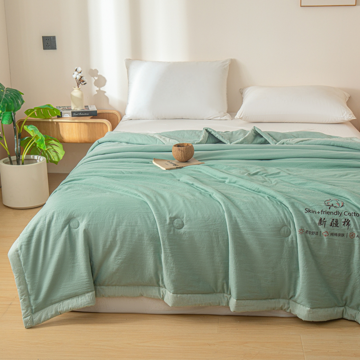 91家纺网 家纺一手货源 找家纺 金灵居 2026春夏新款水洗棉棉花印花新疆棉夏被夏凉被空调被 新疆棉-松绿