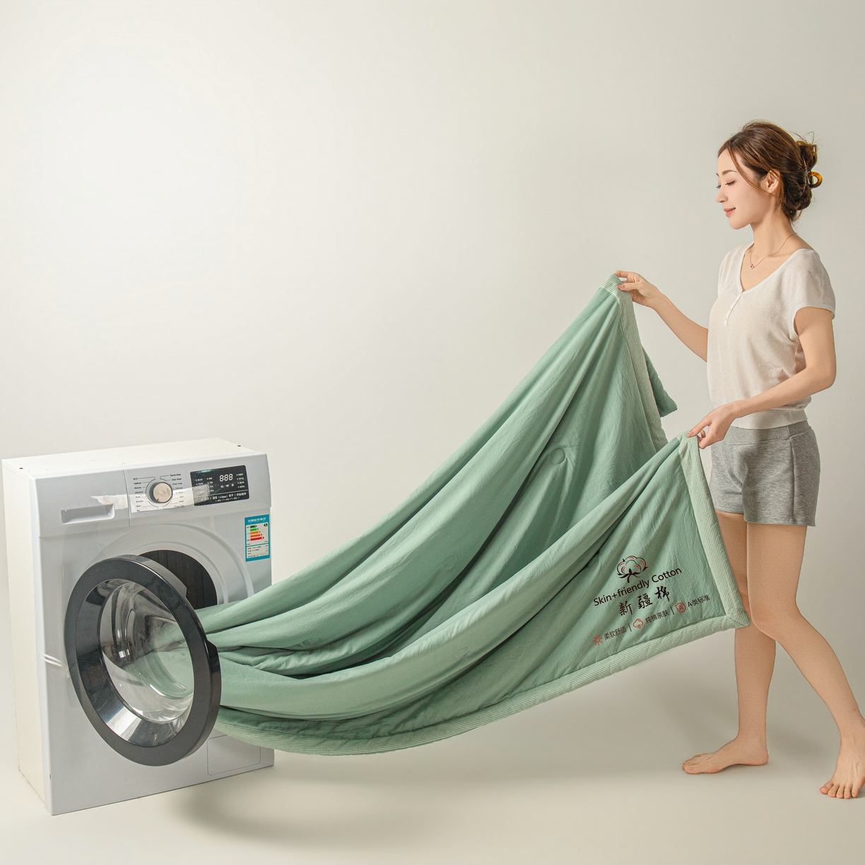 91家纺网 家纺一手货源 找家纺 金灵居 2026春夏新款水洗棉棉花印花新疆棉夏被夏凉被空调被 新疆棉-松绿