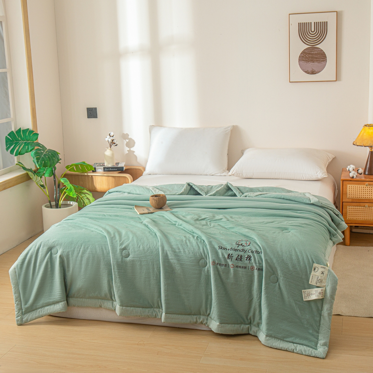 91家纺网 家纺一手货源 找家纺 金灵居 2026春夏新款水洗棉棉花印花新疆棉夏被夏凉被空调被 新疆棉-松绿