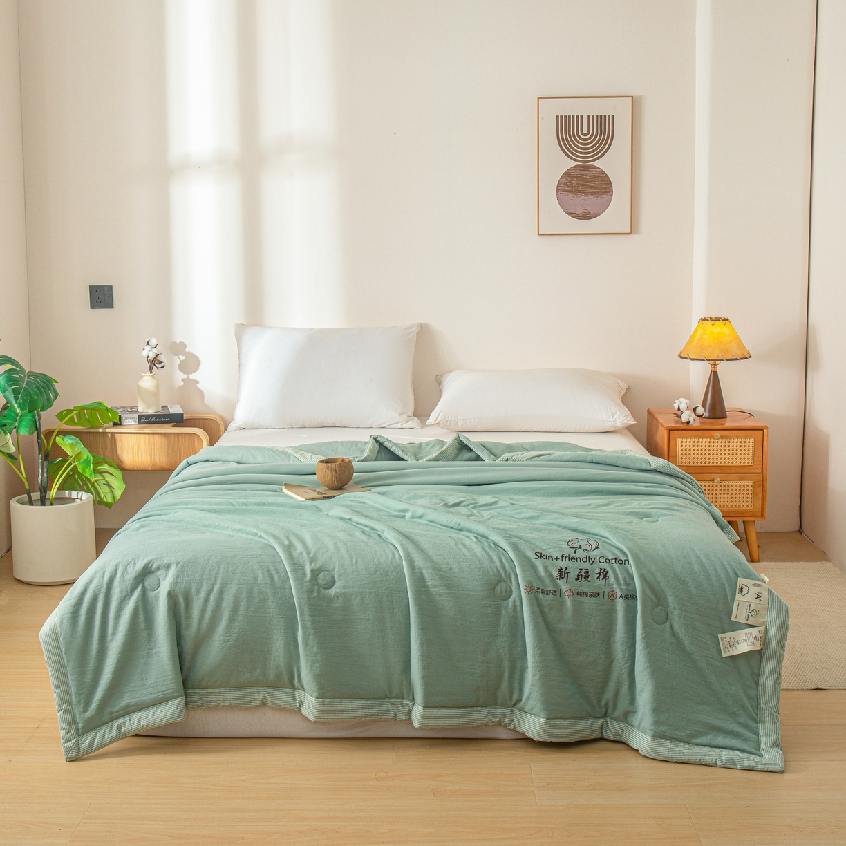 91家纺网 家纺一手货源 找家纺 金灵居 2026春夏新款水洗棉棉花印花新疆棉夏被夏凉被空调被 新疆棉-松绿