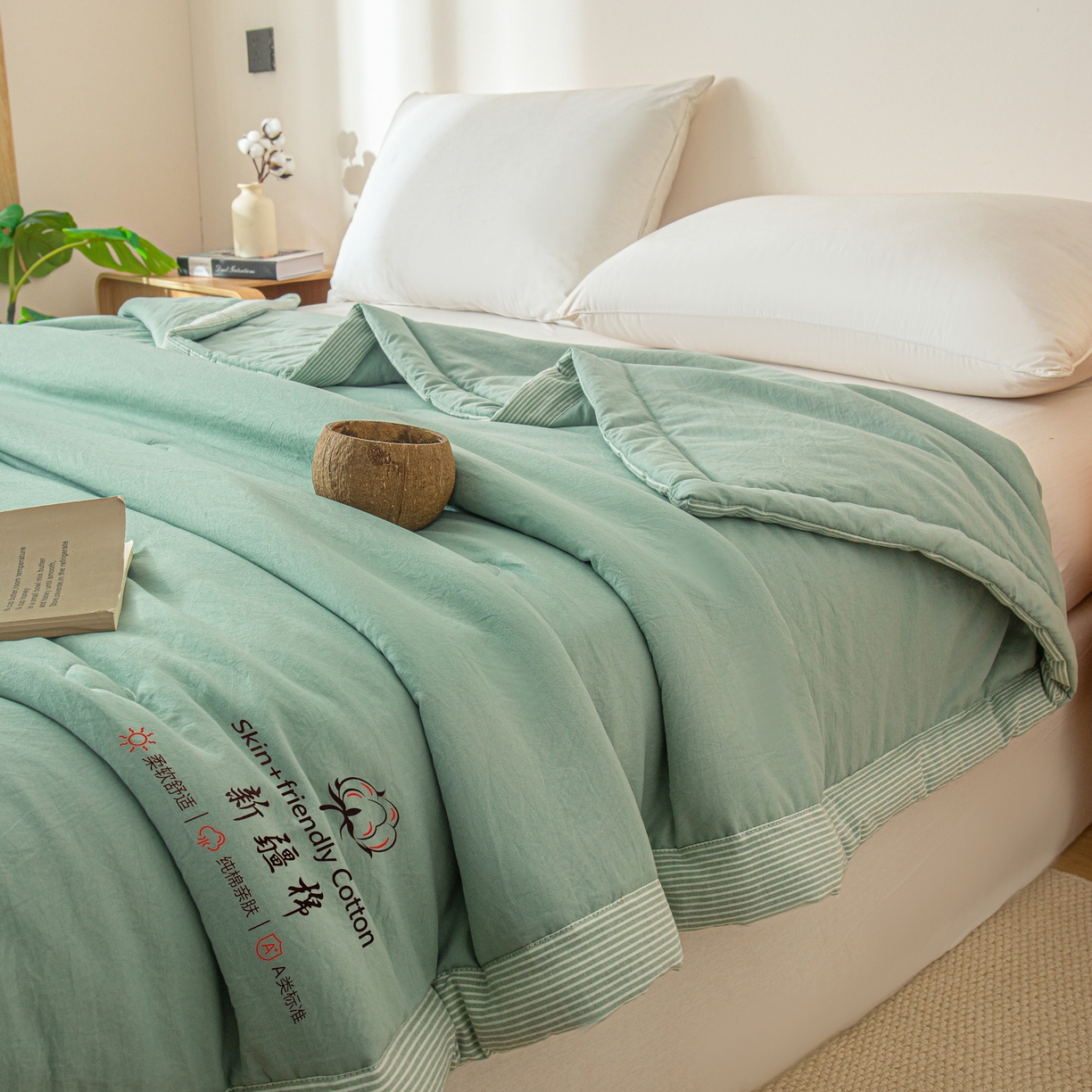 91家纺网 家纺一手货源 找家纺 金灵居 2026春夏新款水洗棉棉花印花新疆棉夏被夏凉被空调被 新疆棉-松绿