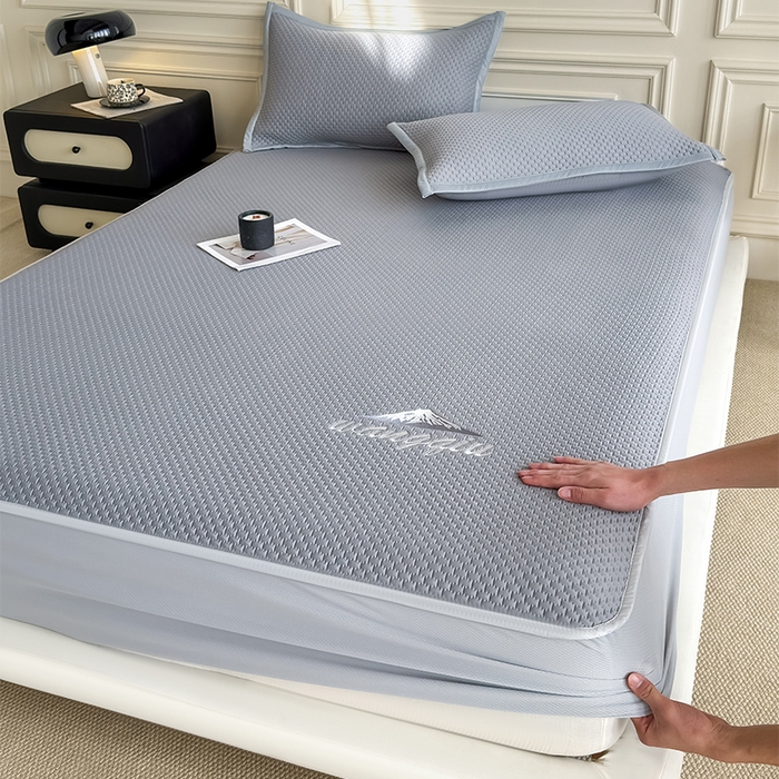 91家纺网 家纺一手货源 找家纺 人人爱家纺 2026新款冰豆豆刺绣软凉席床笠 富士山-灰