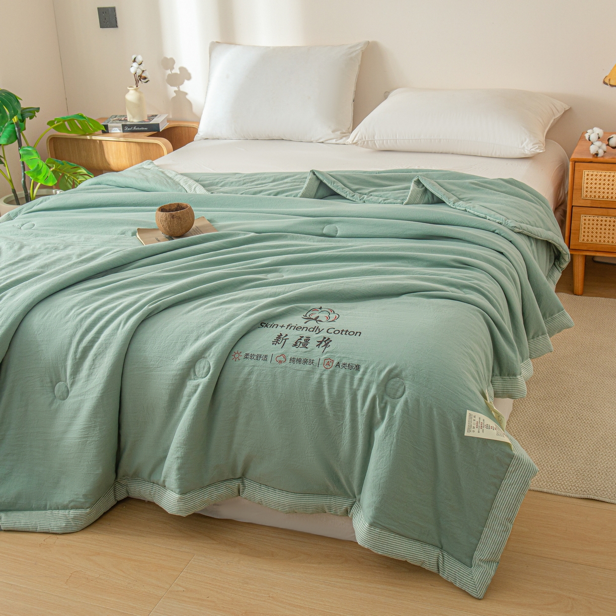 91家纺网 家纺一手货源 找家纺 金灵居 2026春夏新款水洗棉棉花印花新疆棉夏被夏凉被空调被 新疆棉-松绿