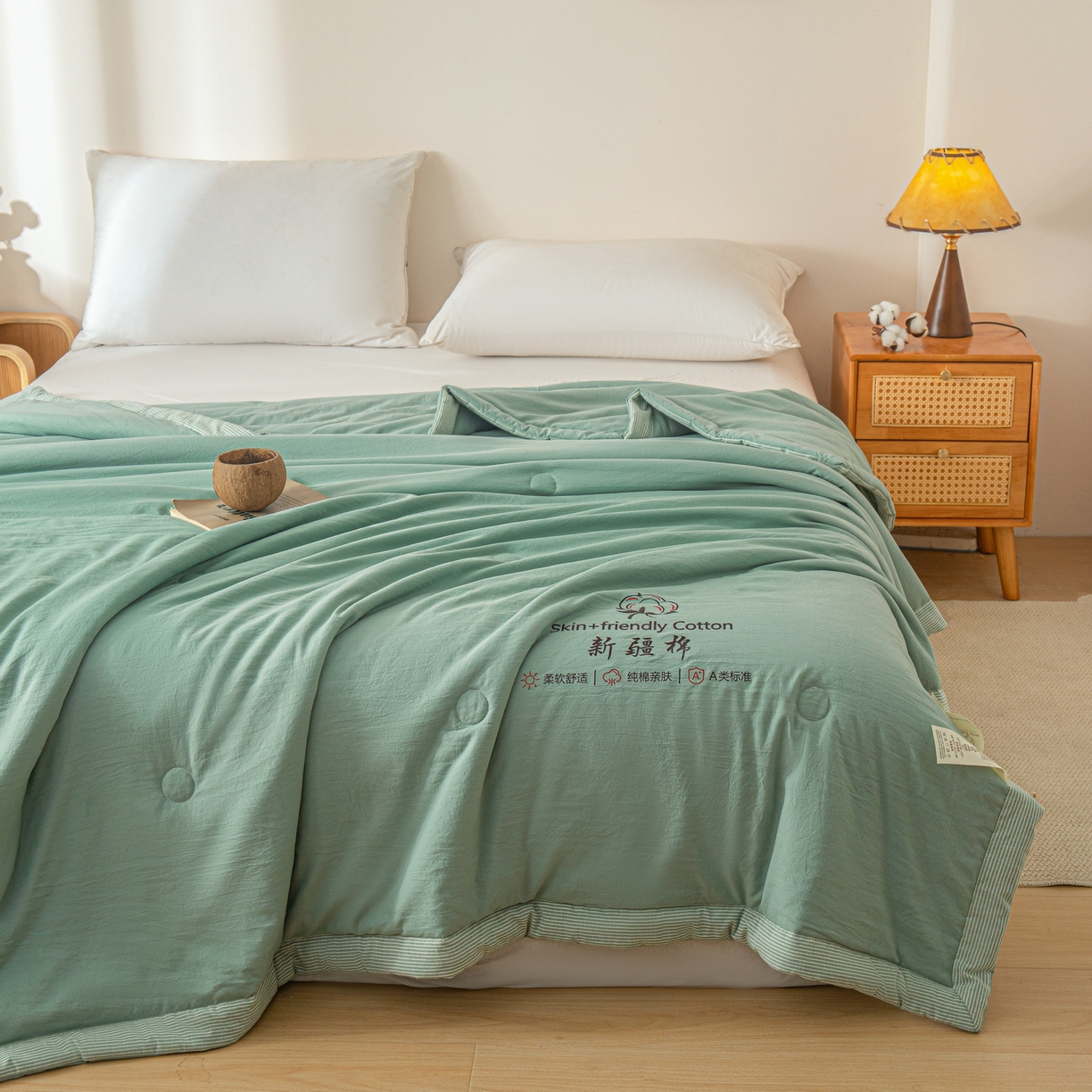 91家纺网 家纺一手货源 找家纺 金灵居 2026春夏新款水洗棉棉花印花新疆棉夏被夏凉被空调被 新疆棉-松绿