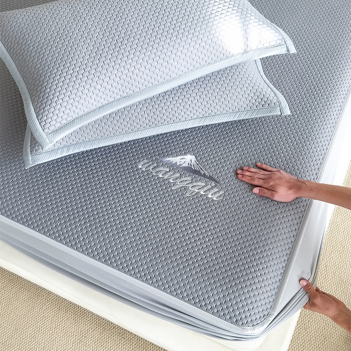 91家纺网 家纺一手货源 找家纺 人人爱家纺 2026新款冰豆豆刺绣软凉席床笠 富士山-灰