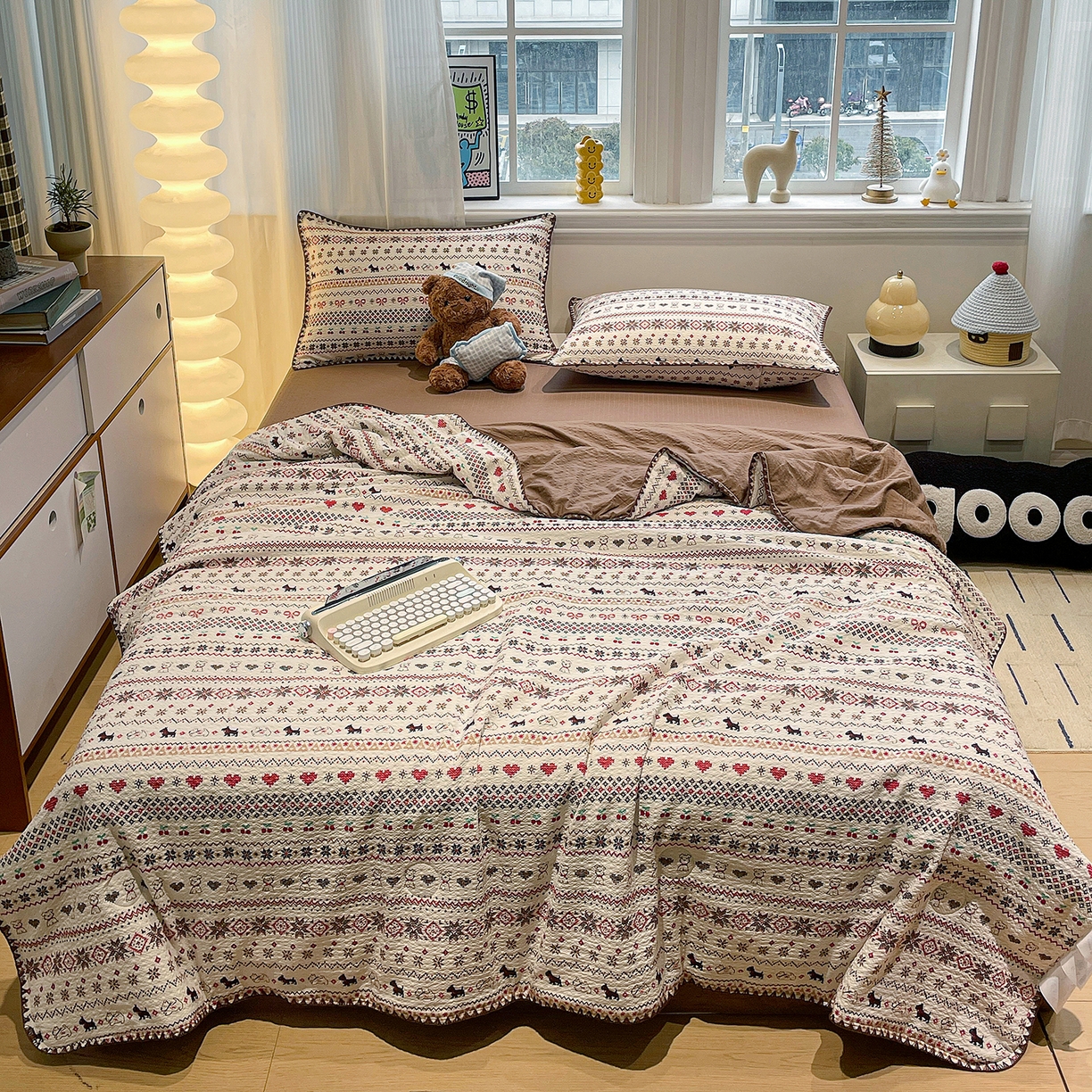 91家纺网 家纺一手货源 找家纺 （总）奈颜 2026新款费尔岛云柔泡芙纱A类贝壳边夏被四件套-提供买家秀