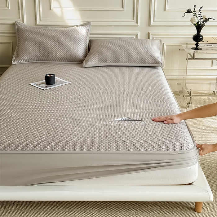 91家纺网 家纺一手货源 找家纺 人人爱家纺 2026新款冰豆豆刺绣软凉席床笠 富士山-咖