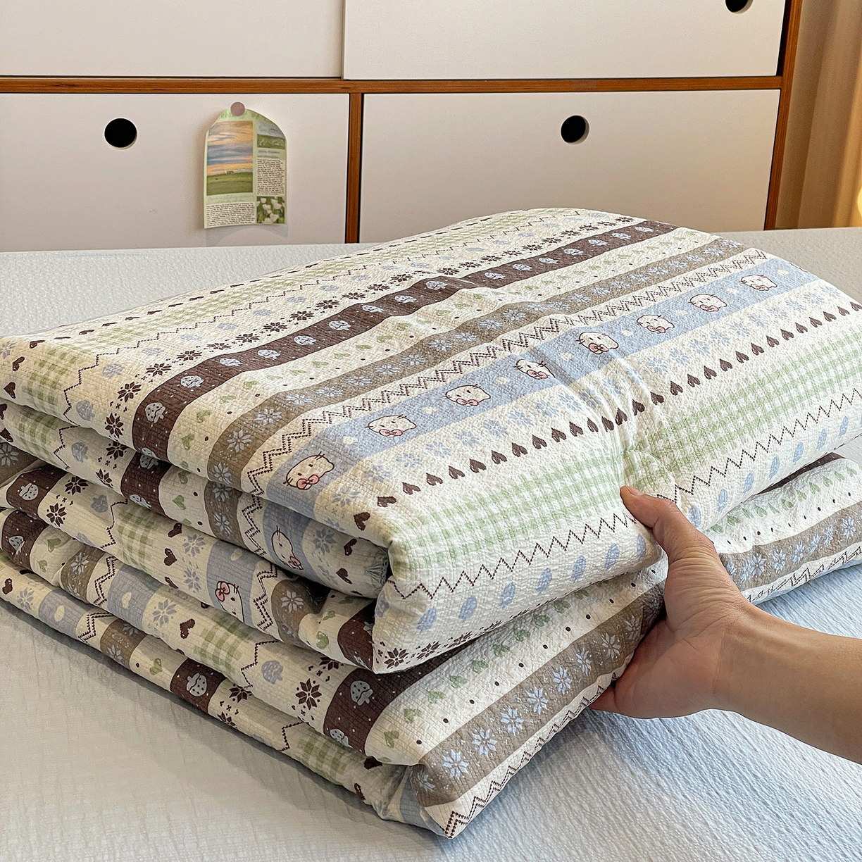 91家纺网 家纺一手货源 找家纺 （总）奈颜 2026新款费尔岛云柔泡芙纱A类贝壳边夏被四件套-提供买家秀