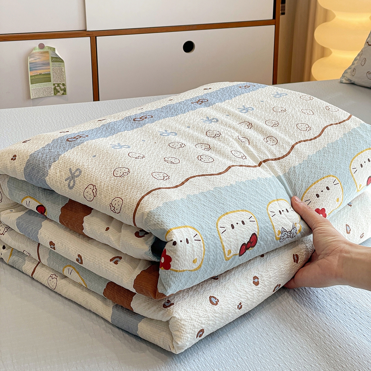 91家纺网 家纺一手货源 找家纺 （总）奈颜 2026新款费尔岛云柔泡芙纱A类贝壳边夏被四件套-提供买家秀