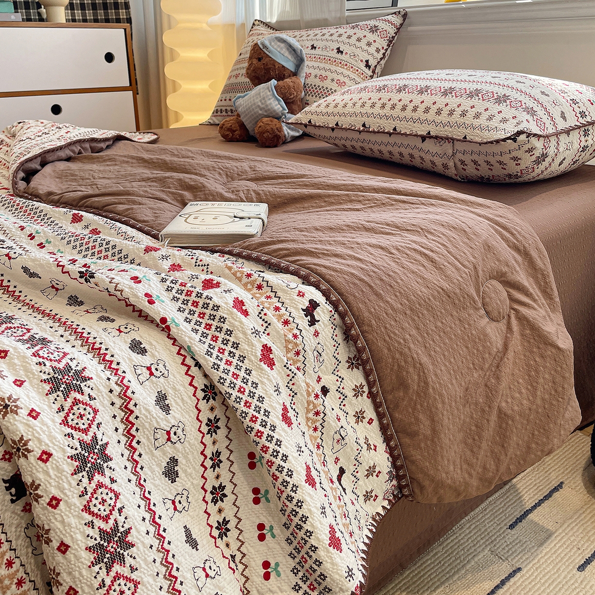 91家纺网 家纺一手货源 找家纺 （总）奈颜 2026新款费尔岛云柔泡芙纱A类贝壳边夏被四件套-提供买家秀