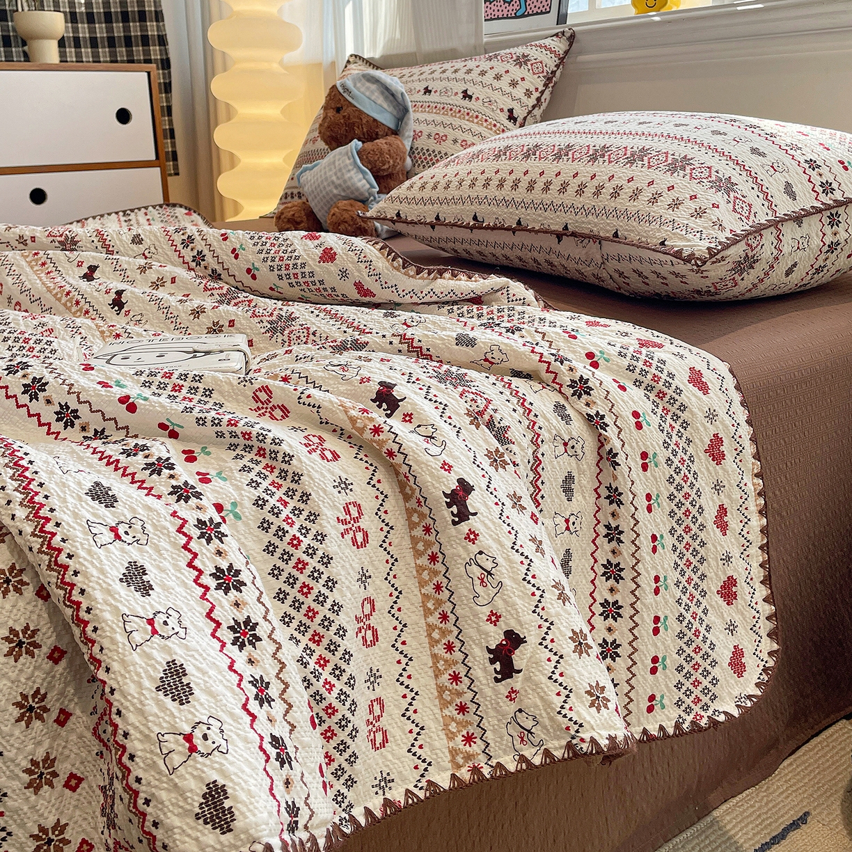 91家纺网 家纺一手货源 找家纺 （总）奈颜 2026新款费尔岛云柔泡芙纱A类贝壳边夏被四件套-提供买家秀