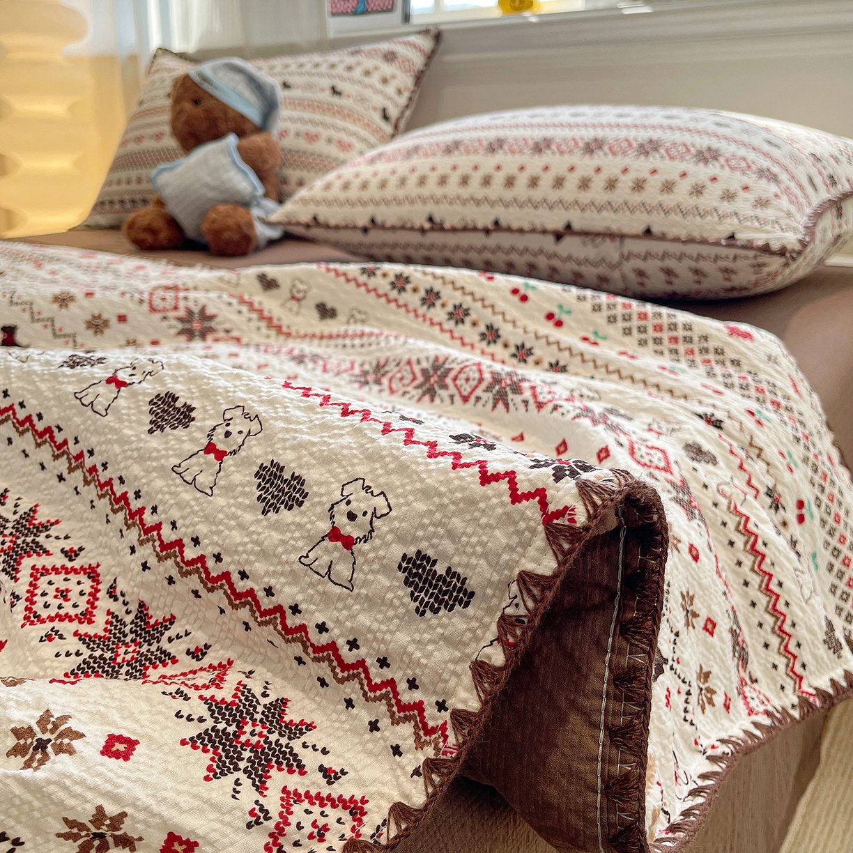 91家纺网 家纺一手货源 找家纺 （总）奈颜 2026新款费尔岛云柔泡芙纱A类贝壳边夏被四件套-提供买家秀