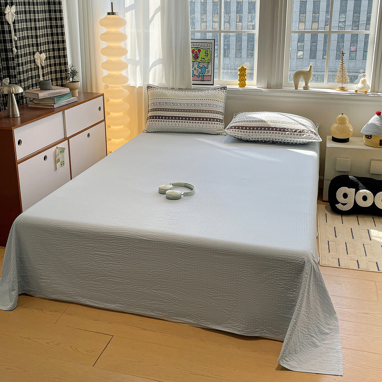 91家纺网 家纺一手货源 找家纺 奈颜 2026新款费尔岛云柔泡芙纱A类贝壳边夏被四件套-提供买家秀 猫咪集-蓝