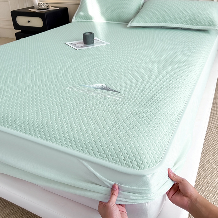 91家纺网 家纺一手货源 找家纺 人人爱家纺 2026新款冰豆豆刺绣软凉席床笠 富士山-抹茶绿