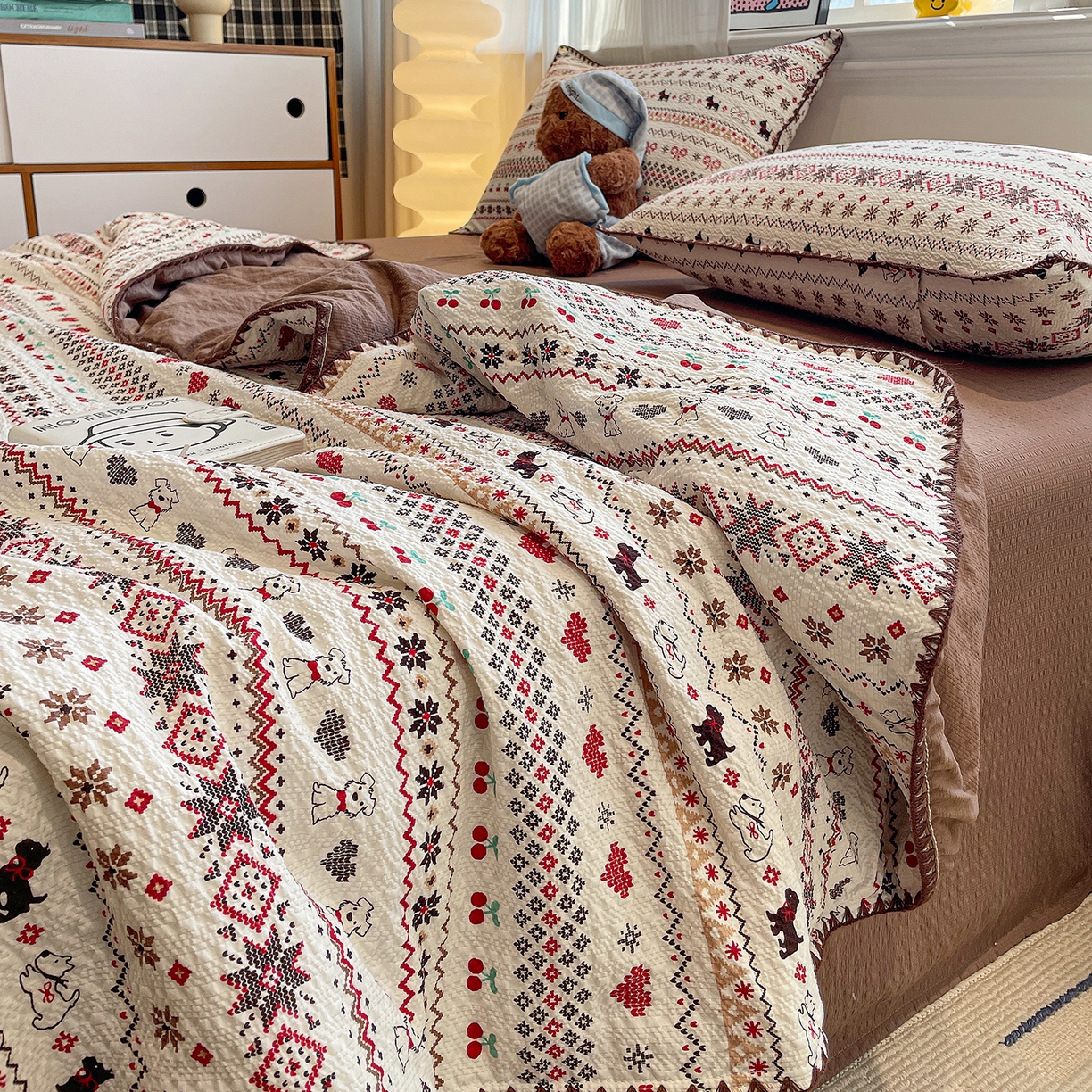 91家纺网 家纺一手货源 找家纺 （总）奈颜 2026新款费尔岛云柔泡芙纱A类贝壳边夏被四件套-提供买家秀