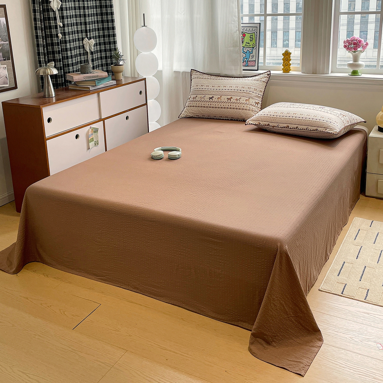 91家纺网 家纺一手货源 找家纺 奈颜 2026新款费尔岛云柔泡芙纱A类贝壳边夏被四件套-提供买家秀 栗色小马