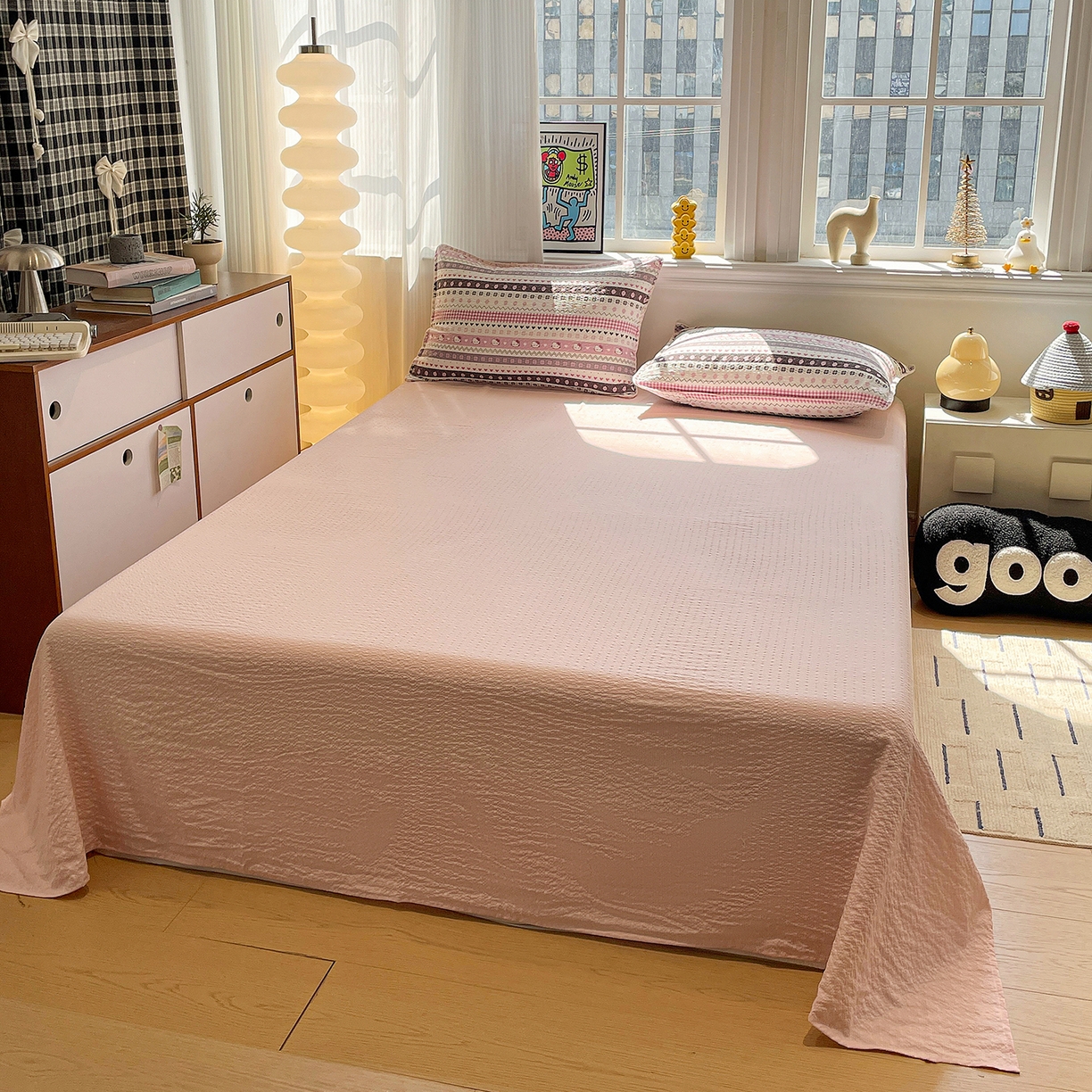 91家纺网 家纺一手货源 找家纺 奈颜 2026新款费尔岛云柔泡芙纱A类贝壳边夏被四件套-提供买家秀 猫咪集-粉